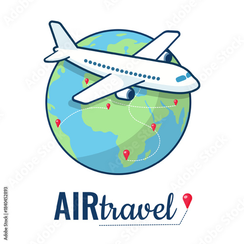 Flat vector illustration of an airplane flying around the globe with travel routes and map pins. Perfect for tourism, flight booking, global delivery, airport services, travel agencies and website des