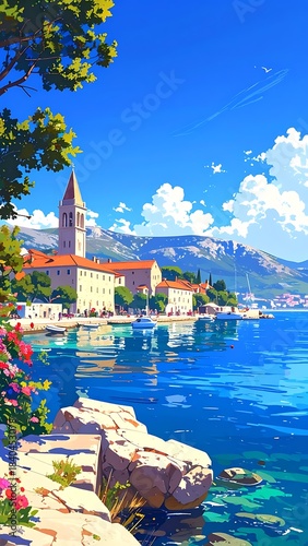 Coastal townscape painted with a bright, stylized, cartoonish aesthetic showcasing a turquoise sea and vibrant architecture