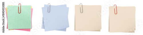 Four different color papers clipped by clips for notes and reminders  , transparent background