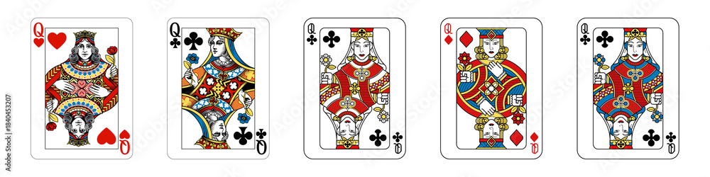 Fototapeta premium Playing card collection. A collection of five cards lined up next to each other. , transparent background