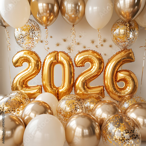 2026 New Year Celebration with Golden Balloons
