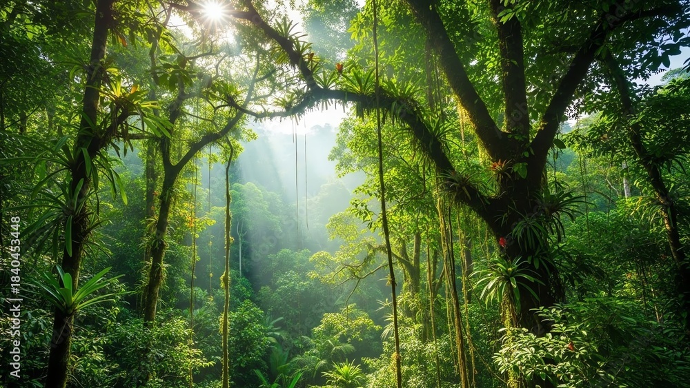 Obraz premium Lush rainforest with sunlight filtering through canopy