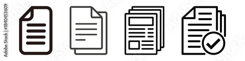 Four paper documents icon graphic in black color with different states.  , transparent background