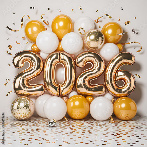 2026 New Year Celebration with Gold and White Balloons, Realistic gold and white balloons