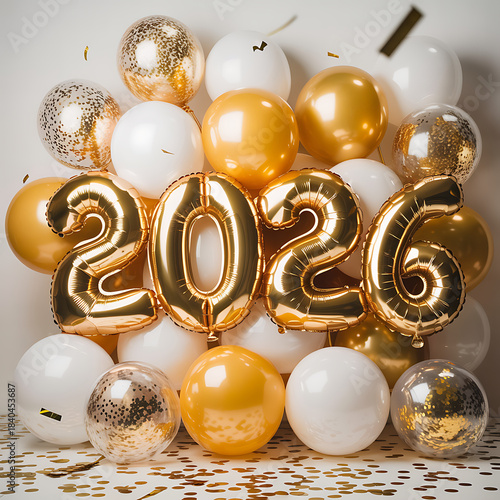2026 New Year Celebration with Gold and Pink Balloons, Realistic gold and white balloons