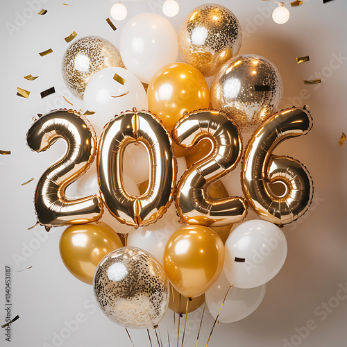 2026 New Year Celebration with Gold and Pink Balloons, Realistic gold and white balloons
