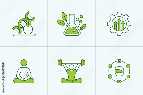 Biohacking icons set showing dna nutrition and wellness activities