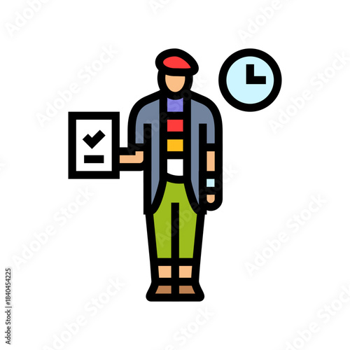 art time worker clock and checklist color icon vector illustration