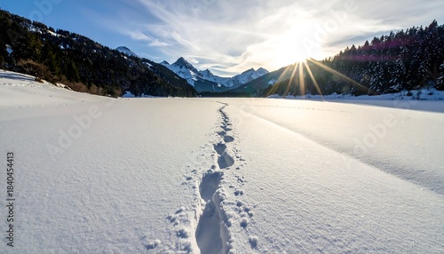 Wallpaper Mural Footprints in the Snow Leading to Majestic Mountains Under a Bright Sun. Torontodigital.ca
