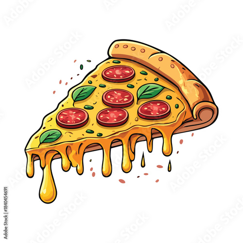 Cartoon vector pizza slice with melting cheese, pepperoni, and basil leaves. Bright, fun, and delicious illustration perfect for food branding, menus, stickers, and digital designs.