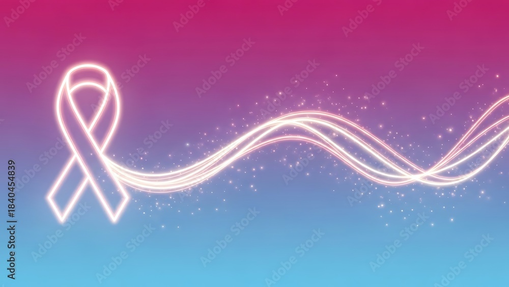 Obraz premium Neon Cancer Awareness Ribbon with Glowing Light Waves Background