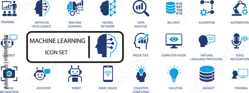 Machine Learning and AI icon set. Includes Neural Network, Big Data, Chatbot, Predictive analysis, and NLP concepts. Essential for technology and data science projects