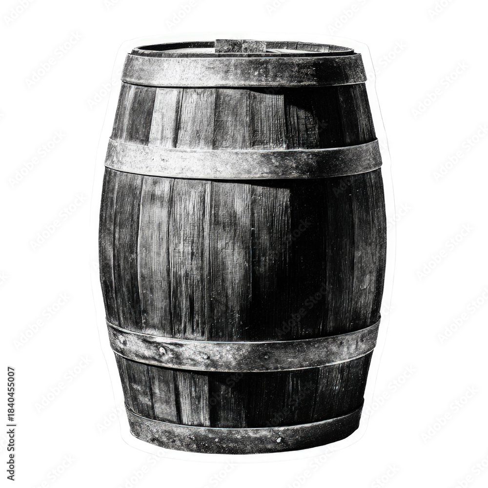 Obraz premium Vintage wooden barrel with metal bands on a black background