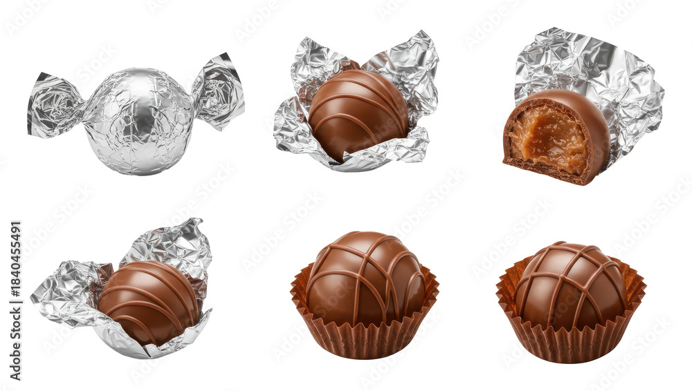Fototapeta premium Chocolate truffles and caramel-filled bonbons shown unwrapped in foil and paper cups