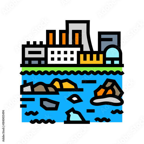 factory dumping plastic waste into water color icon vector illustration