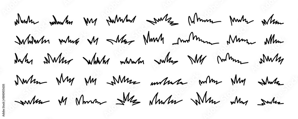 Naklejka premium Grass line doodle. Outline grassland or meadow sketch, simple field design. Black grass brush stroke hand drawn texture for garden pattern or lawn. Herb marker vector isolated element