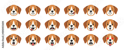 Dog face emotion icon. Comic puppy, pet emoji animal character with happy surprised expression. Cute kawaii dog head with tongue, smile and teeth for playful vector isolated mascot