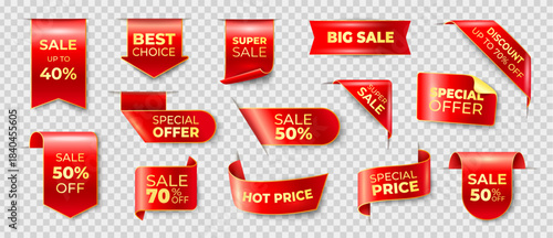 Red ribbon, price tag label. Sale banner with gold luxury discount offer. Premium template of vintage scroll, product promotion stickers, special award. Advertising badge isolated 3d set