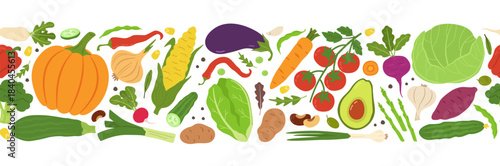 Vegetable seamless border. Healthy eating with fresh organic food, natural ingredients pattern. Pumpkin and carrot, broccoli and lettuce vegan concept. Agriculture banner garden vector background