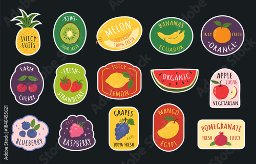 Fresh fruit sticker. Organic label, price tag for healthy food market with juicy berries and citrus. Pineapple and watermelon, apple and grapes for grocery supermarket. Vitamin vector isolated badge