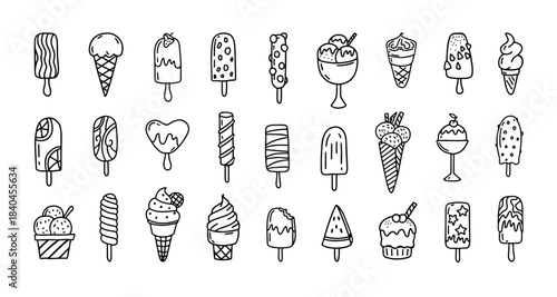 Ice cream doodle icon. Gelato cold dessert line art illustration, frozen wafer cone or cup. Lollipop and sundae with chocolate and cherry for summer or cafe menu. Food sweet product vector set