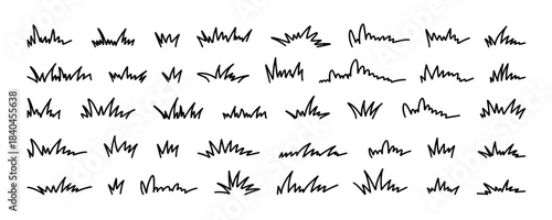 Grass line doodle. Outline grassland or meadow sketch, simple field design. Black grass brush stroke hand drawn texture for garden pattern or lawn. Herb marker vector isolated element