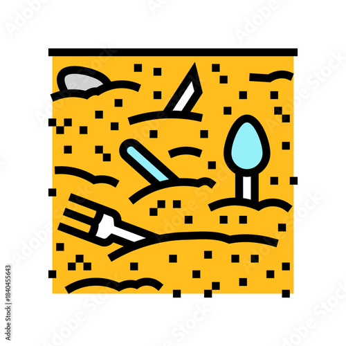 plastic cutlery scattered on sand color icon vector illustration