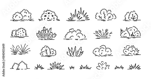 Grass and bush outline tree doodle for lawn vector cute landscape with hand drawn plant and minimal silhouette. Greenery line art for jungle, park and garden. Cartoon sketch and scribble vector set