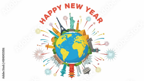 Celebrating a joyful New Year across the globe, featuring iconic international landmarks and vibrant festive fireworks