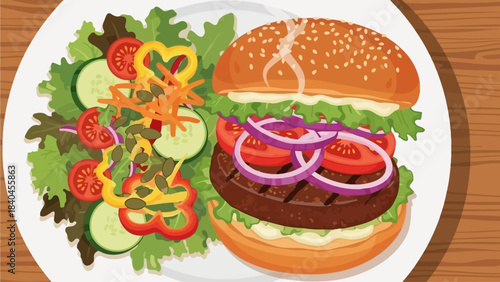 Artfully plated vegetarian burger with a fresh, crisp garden salad, showcasing a delightful and wholesome meal for healthy eating and satisfying cravings