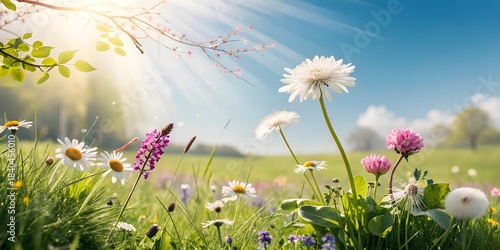 Fototapeta Naklejka Na Ścianę i Meble -  Colorful summer meadow filled with bright wildflowers under warm sunlight expressing cheerful nature concepts.