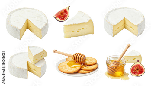 Round brie and camembert cheese wheels and wedges with figs, round crackers and a jar of honey with dipper on a transparent background