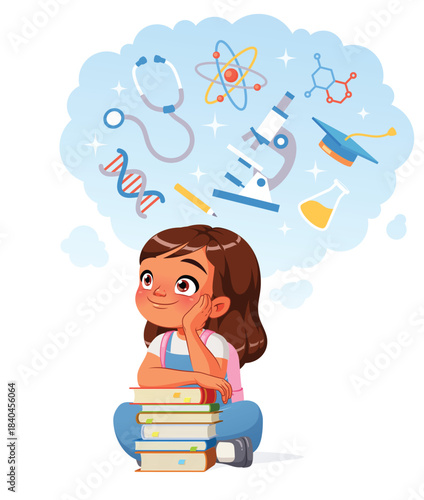 Cute Indian schoolgirl dreams of a career in science as she sits with a stack of books. Cartoon vector illustration.