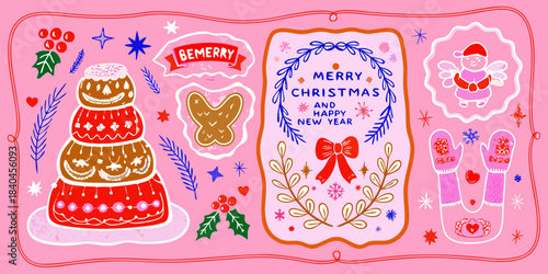 Festive christmas treats and decorations on a pink illustrated background