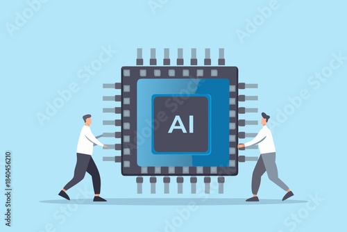 People collaborating to move a large computer chip with ai displayed