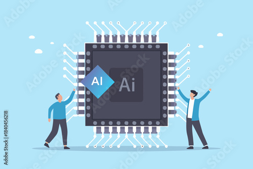 Artificial intelligence chip with people celebrating technological advancements and future innovations