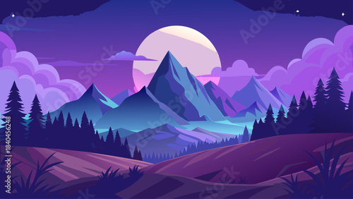 Very beautiful moonlit night scene with the moon rising above soft violet mountain ridges, creating a calm and dreamy atmosphere under a clear dark sky.