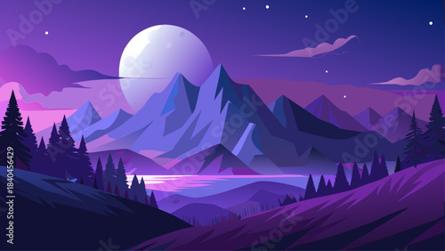 Very beautiful moonlit night scene with the moon rising above soft violet mountain ridges, creating a calm and dreamy atmosphere under a clear dark sky.