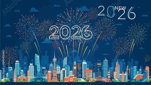 A vibrant cityscape illuminated by a dazzling fireworks display celebrating the arrival of the year 2026.