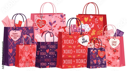 Various Valentine's Day gift bags with hearts, xoxo, and floral patterns, perfect for presents and celebrations