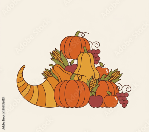 Festive cornucopia overflowing with autumn harvest bounty, including pumpkins, gourds, apples, and grapes for Thanksgiving and fall celebrations