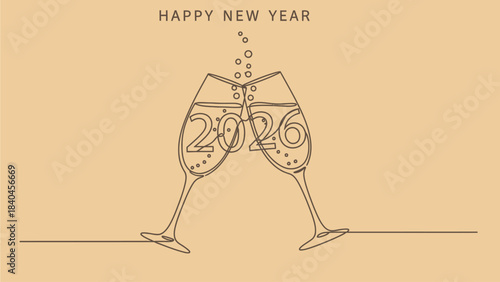 Happy New Year 2026 celebration with two champagne glasses clinking, continuous line art drawing on a beige background.