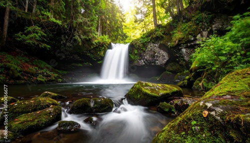 Wallpaper Mural Lush Forest Waterfall with Mossy Rocks and Sunlight. Torontodigital.ca