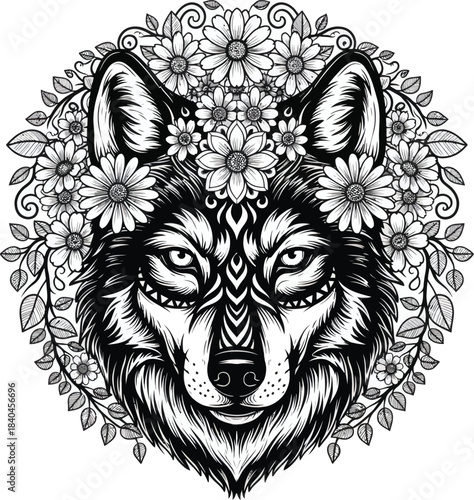 Ornamental floral wolf head decorative vector illustration