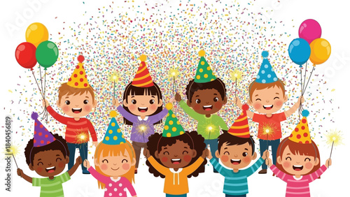 A diverse group of happy children wearing party hats and holding balloons and sparklers, celebrating with confetti.