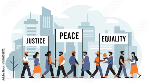 A diverse group of people marching in a city holding signs for justice, peace, and equality.