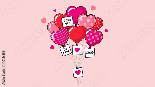 A bouquet of heart-shaped balloons with handwritten notes expressing love and affection, set against a soft pink background.