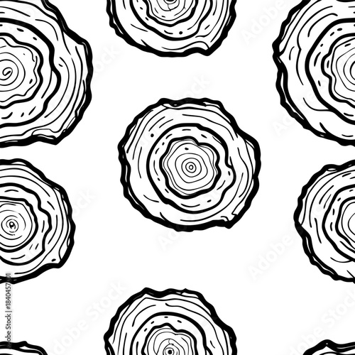 Seamless pattern of hand-drawn tree rings with bold contour lines, organic circular wood textures, monochrome illustration style
