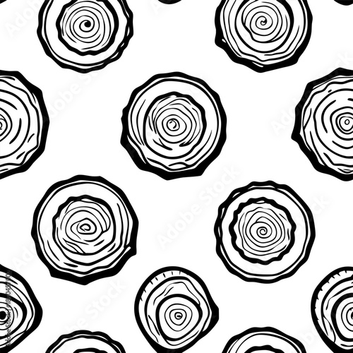 Seamless pattern of hand-drawn tree rings with bold contour lines, organic circular wood textures, monochrome illustration style