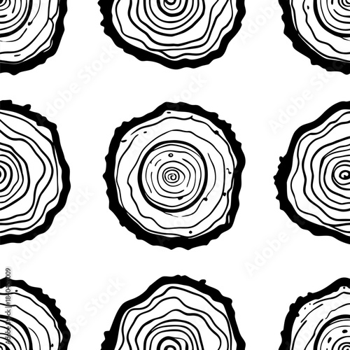 Seamless pattern of hand-drawn tree rings with bold contour lines, organic circular wood textures, monochrome illustration style